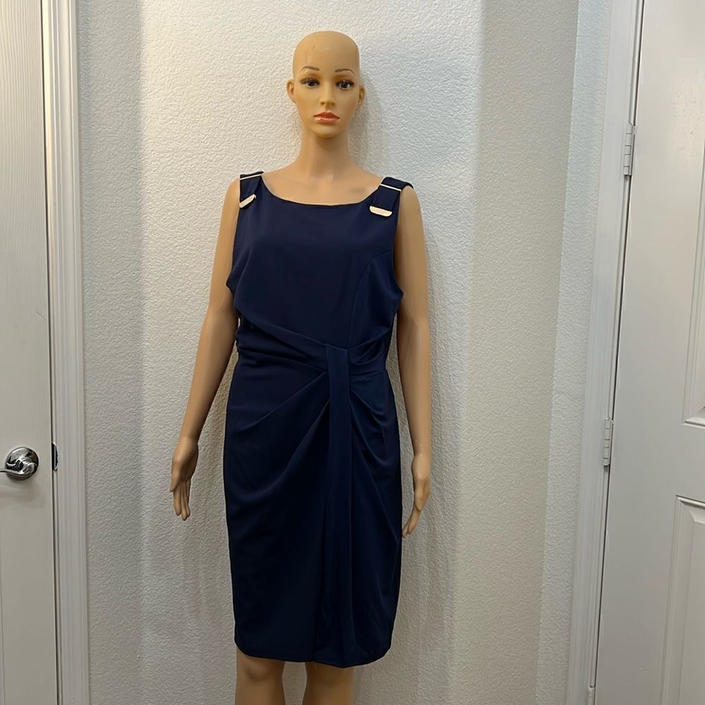 London Dress Sz 14 Navy Blue Gold Scoop Neck Sleeveless Ruched Waist Midi New